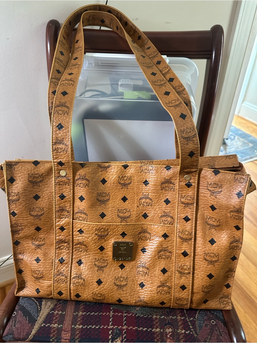 MCM Cognac and Black Monogram Coated Canvas Tote